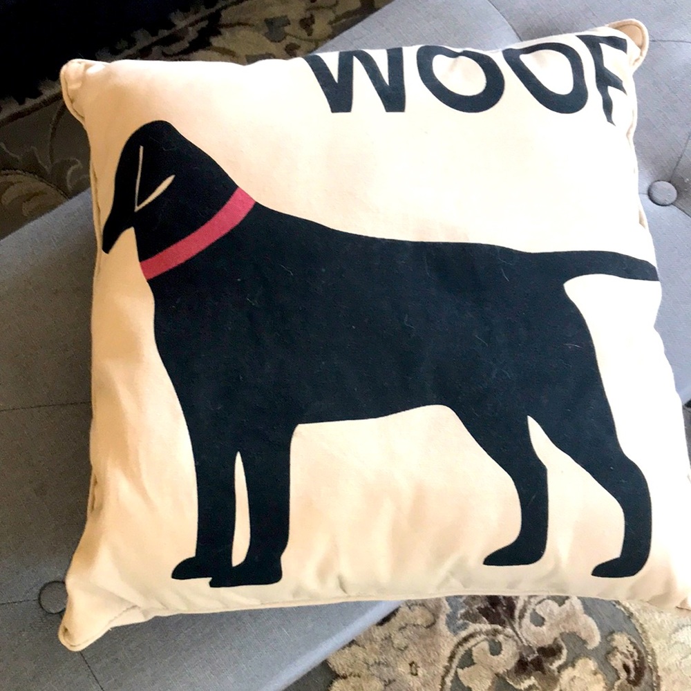 Black Dog WOOF pillow. Beige & black. /red